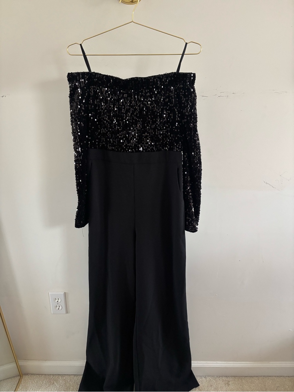 Eliza J Size 10 Black Sequin Off Shoulder Wide Leg Jumpsuit